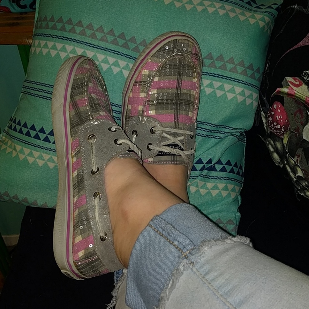 Pink, white, and grey checkered Sperry shoes